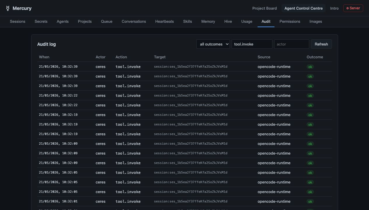 Mercury audit view filtered to tool invocations from a successful agent run