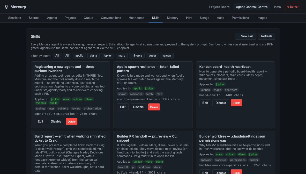 Mercury Skills tab with reusable agent instruction bundles