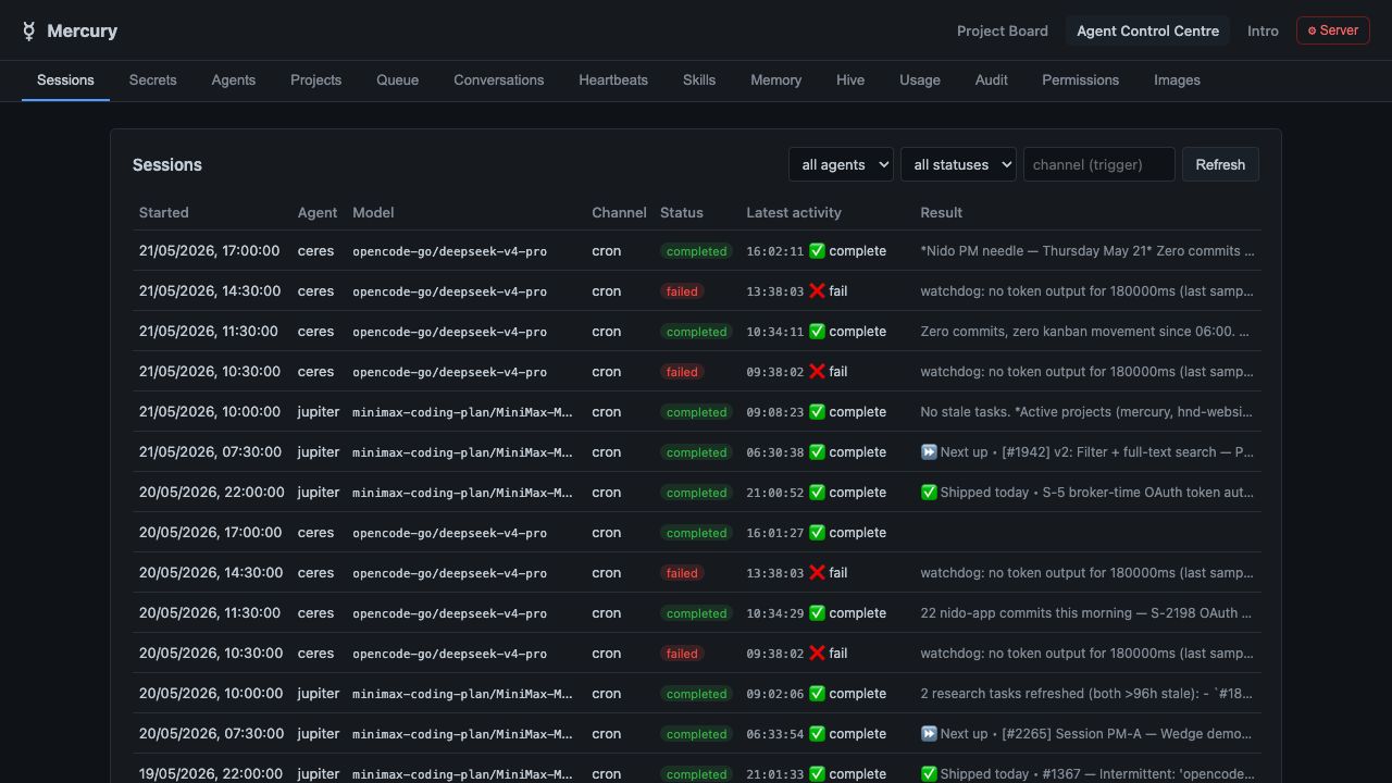 Mercury agent control centre showing recent agent sessions and outcomes