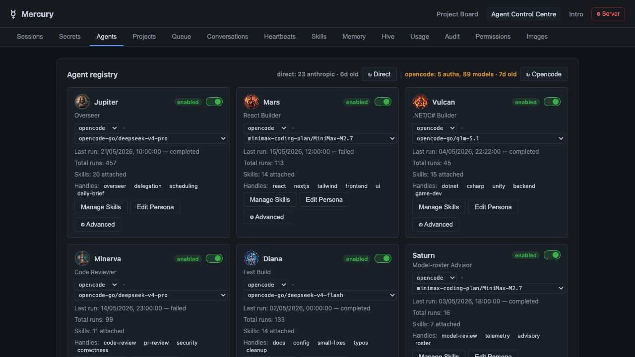 Mercury agent registry with enabled specialists, models, skills, and handles