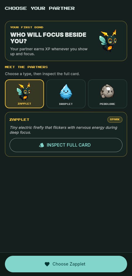 Mondoro starter-creature selection screen showing Zapplet, Droplet, and Pebblore with stats and rarity