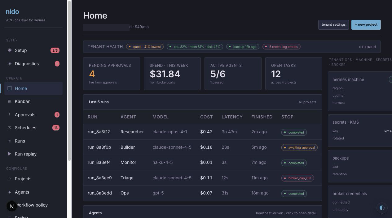 Nido authenticated demo home dashboard with tenant health, spend, agents, and recent runs