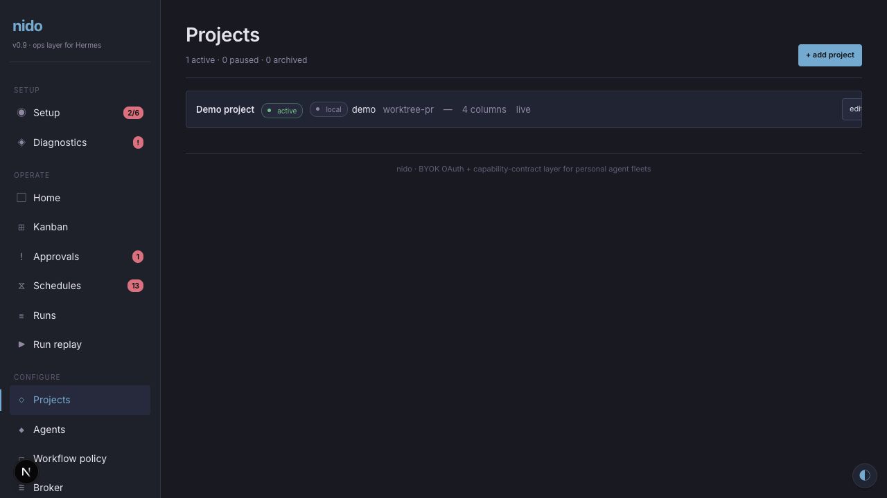 Nido project registry showing local demo project policy and status