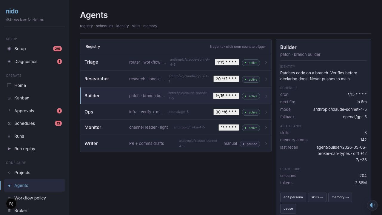 Nido agent registry showing tenant agents and status controls