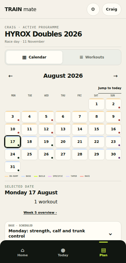 Train Mate mobile-first month calendar with phase-labelled workout markers