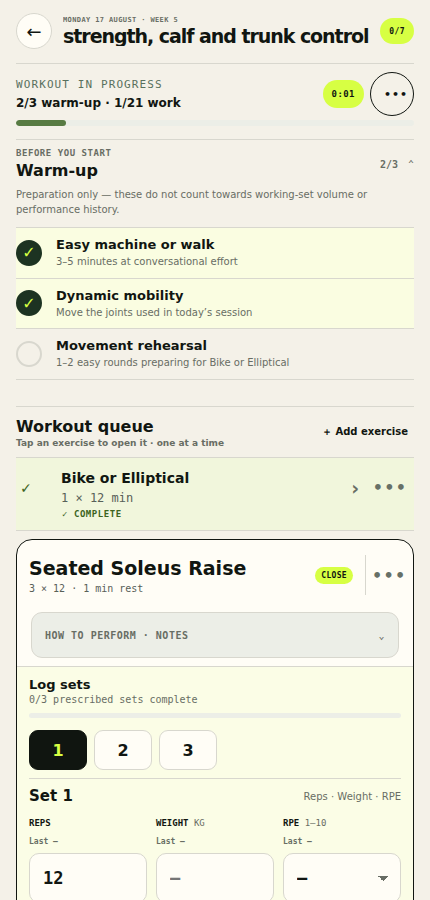 Train Mate workout session mid-way through, with warm-up items checked off and the next exercise expanded for set logging