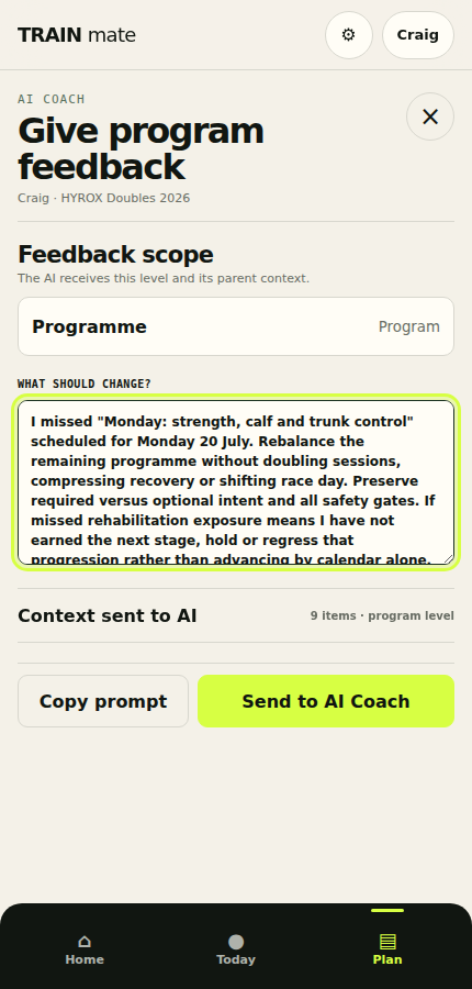 Train Mate Ask AI Coach screen with an auto-generated feedback prompt, scope selector, and context item count before sending