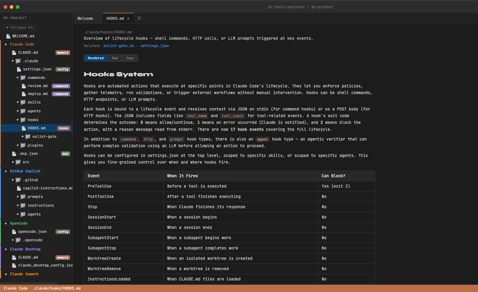 Rendered Claude Code hooks guide with an event table showing when lifecycle hooks fire and whether each event can block an action
