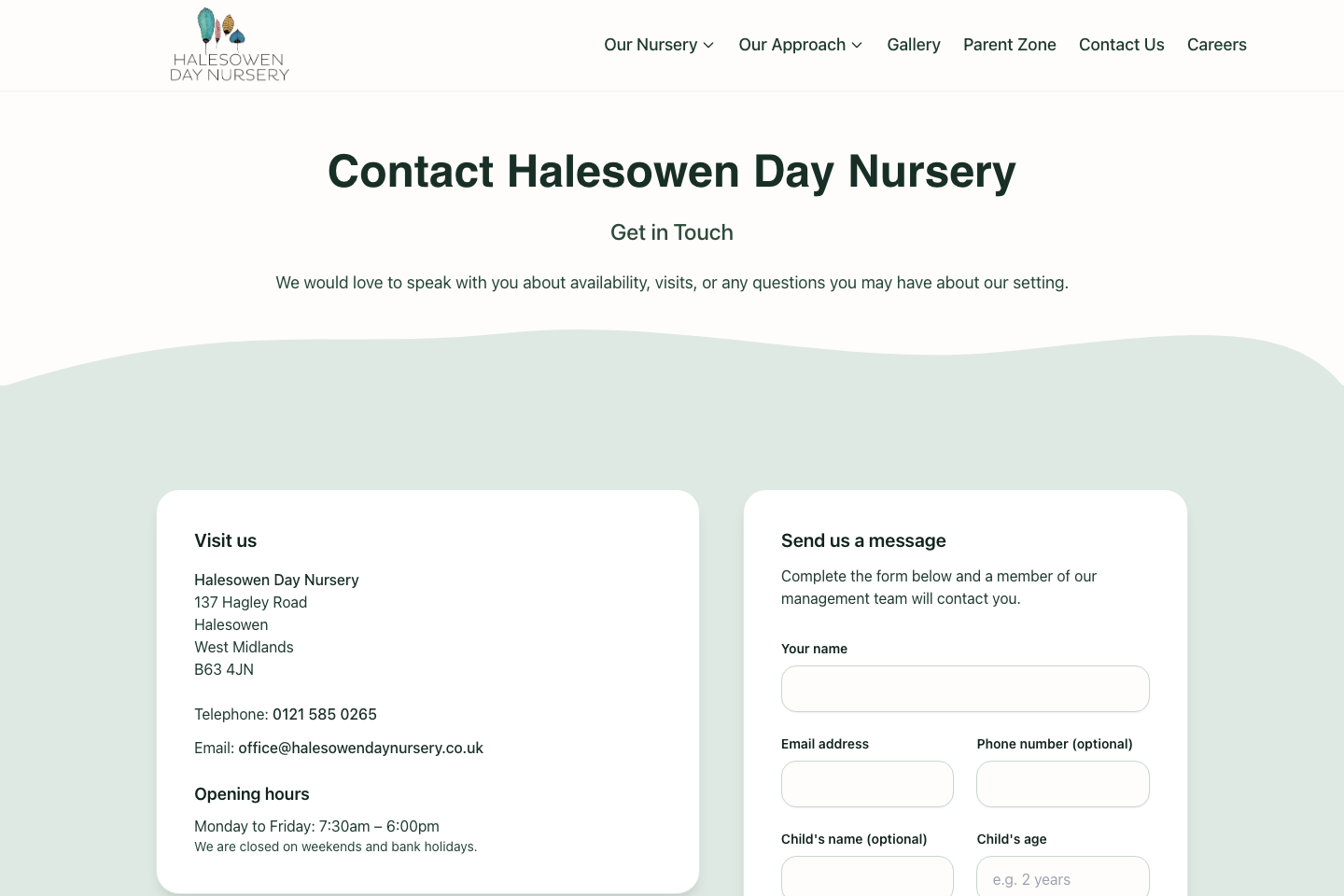 Halesowen Nursery contact page