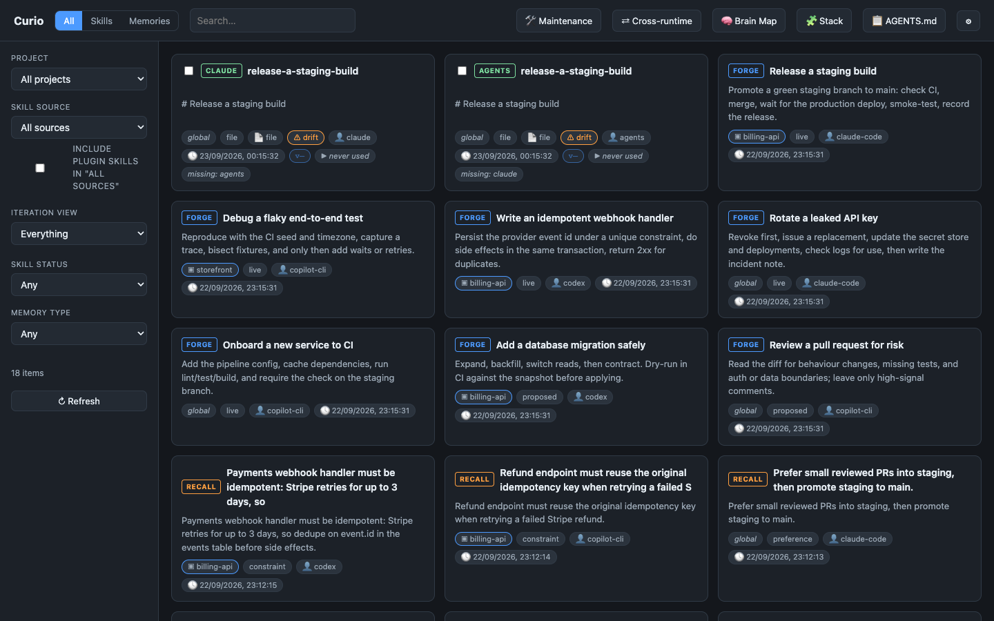 Curio card grid showing Forge skills and Recall memories side by side with project, source, status and type filters
