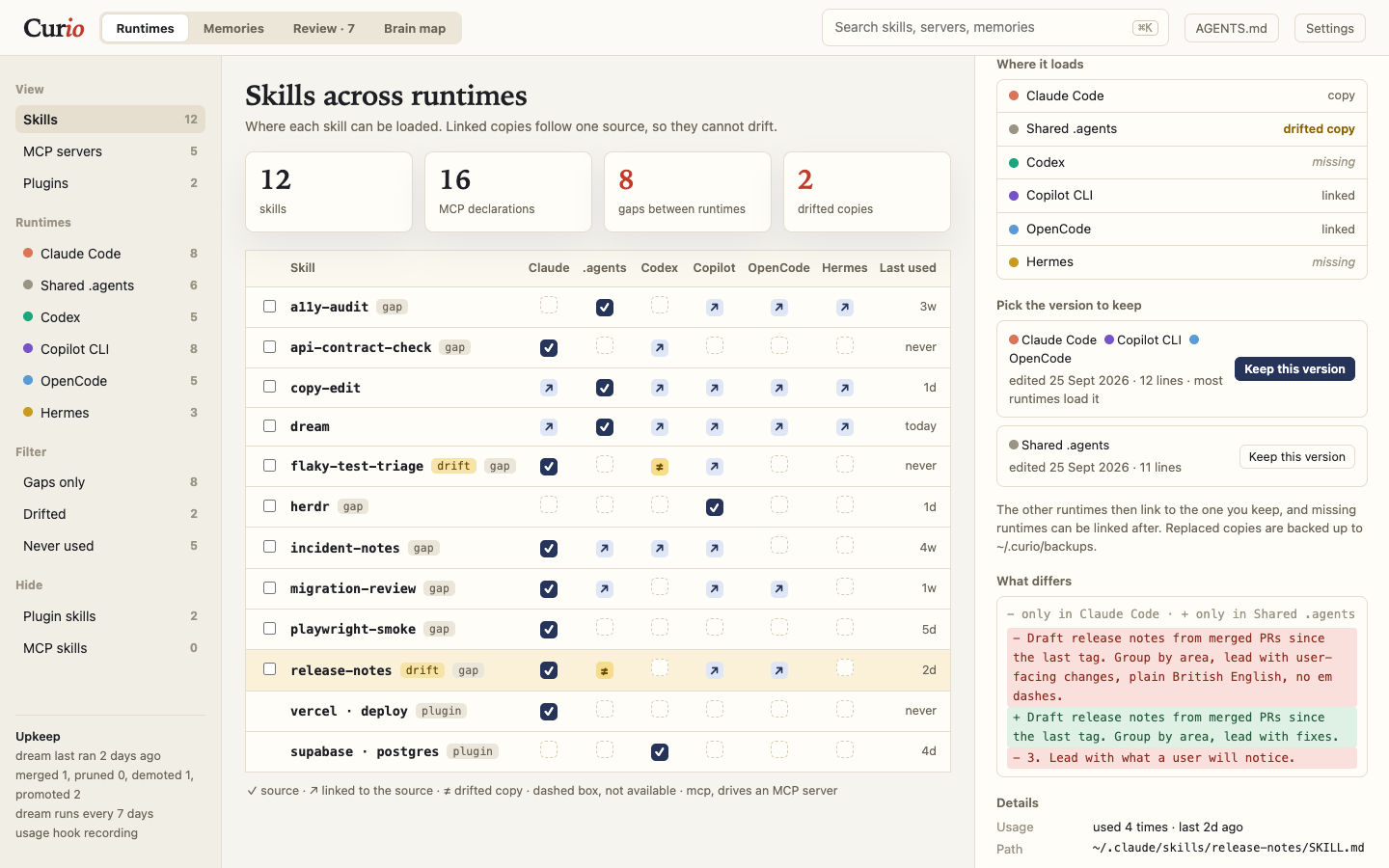 Curio skills matrix with a drifted skill open: where it loads in each runtime, two versions to choose between with Keep this version buttons, and the diff below