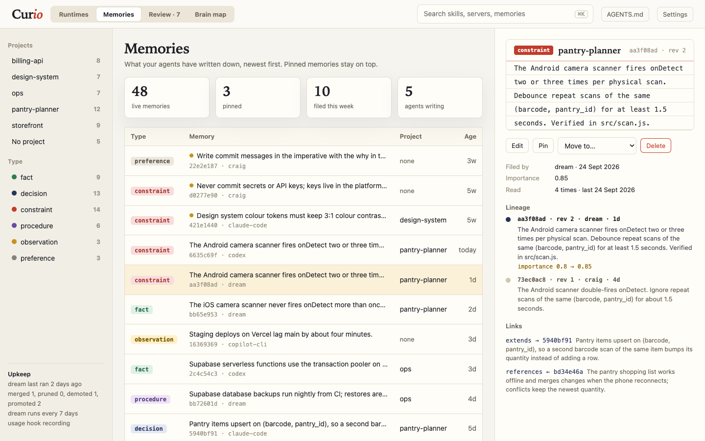Curio memories list filtered by project and type, with one memory open showing its lineage and links