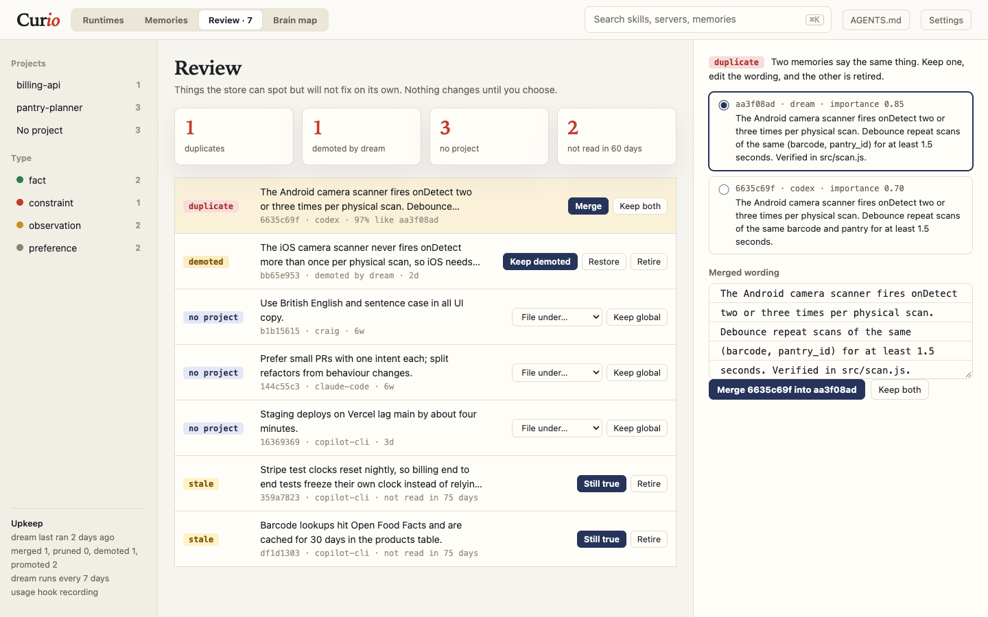 Curio review queue with a duplicate, a dream demotion, unfiled and stale memories, and a merge editor for the duplicate