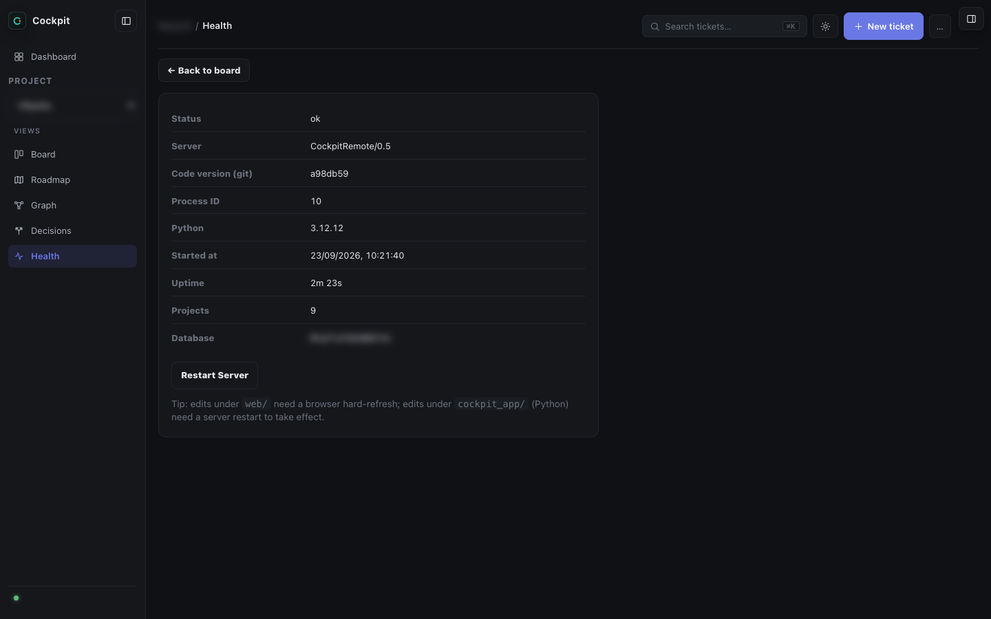 Cockpit health page listing server status, code version, runtime, uptime and project count with the database address redacted