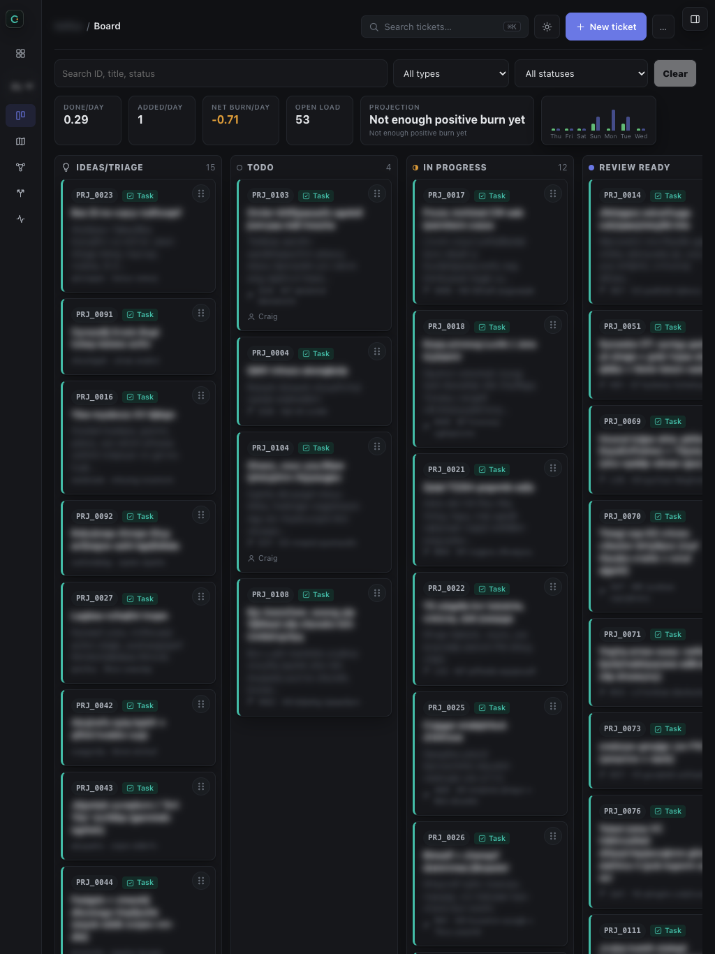 Cockpit kanban board on a tablet in portrait with scrolling columns