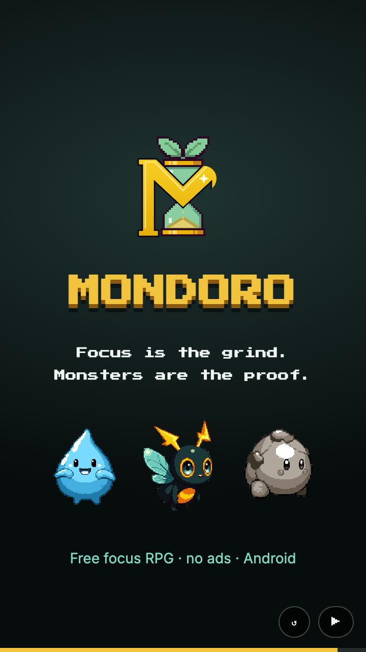 End card of the Mondoro animated ad with the animated hourglass logo, the Mondoro wordmark and the three starters