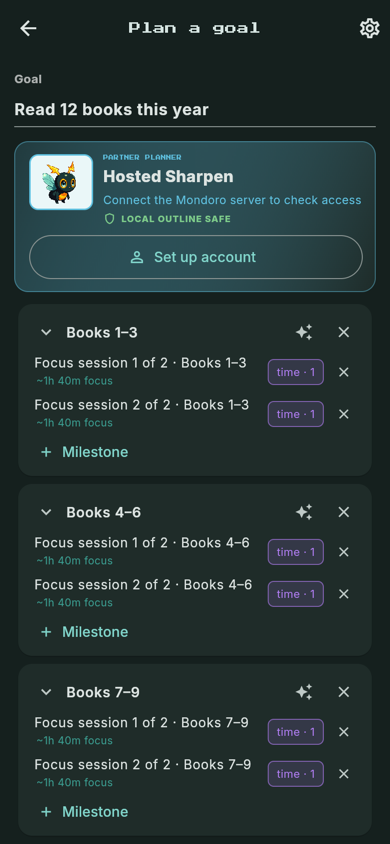 Mondoro goal planner turning “Read 12 books this year” into chapters, focus sessions and milestones