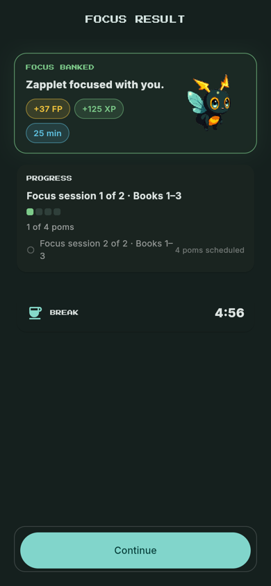 Mondoro focus result banking Focus Points and XP against the goal progress