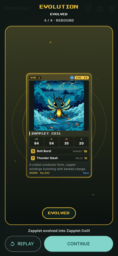 Mondoro evolution screen revealing the Zapplet Coil card
