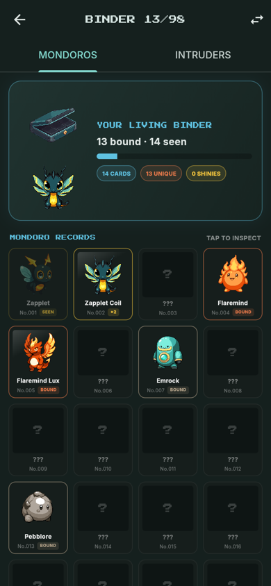 Mondoro Living Binder with 13 of 98 creatures bound and a grid of discovered and unknown cards