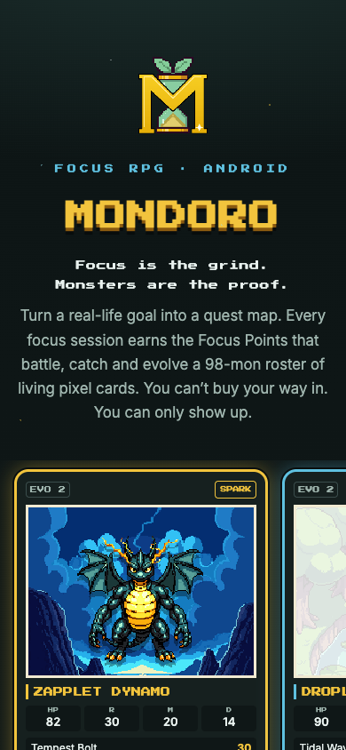Mondoro splash page on a phone with the logo, tagline and the Zapplet Dynamo starter card