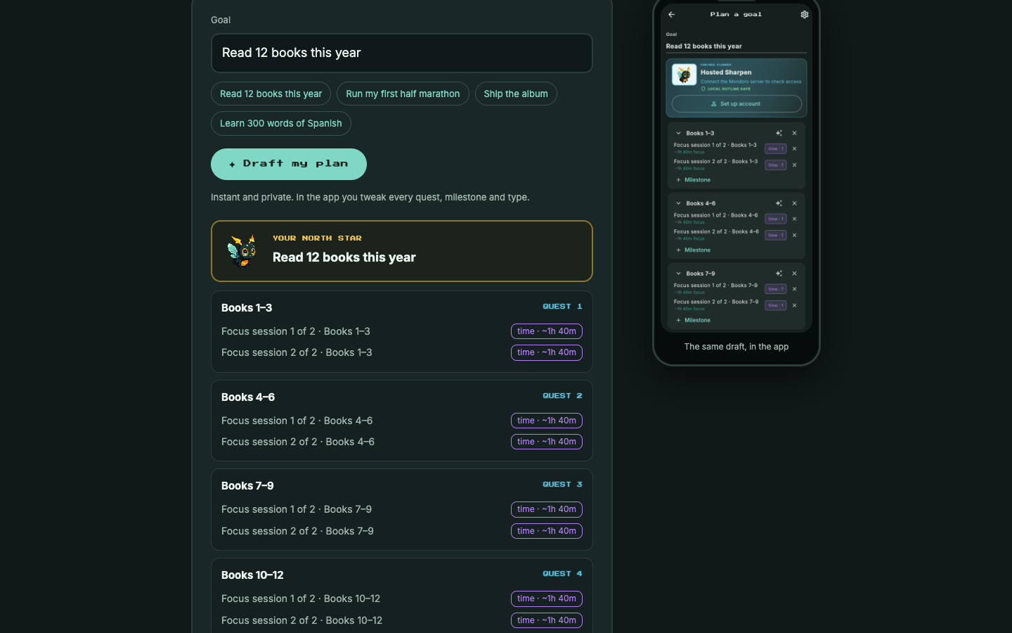 Mondoro splash planner demo drafting “Read 12 books this year” into four quests beside the same draft in the app