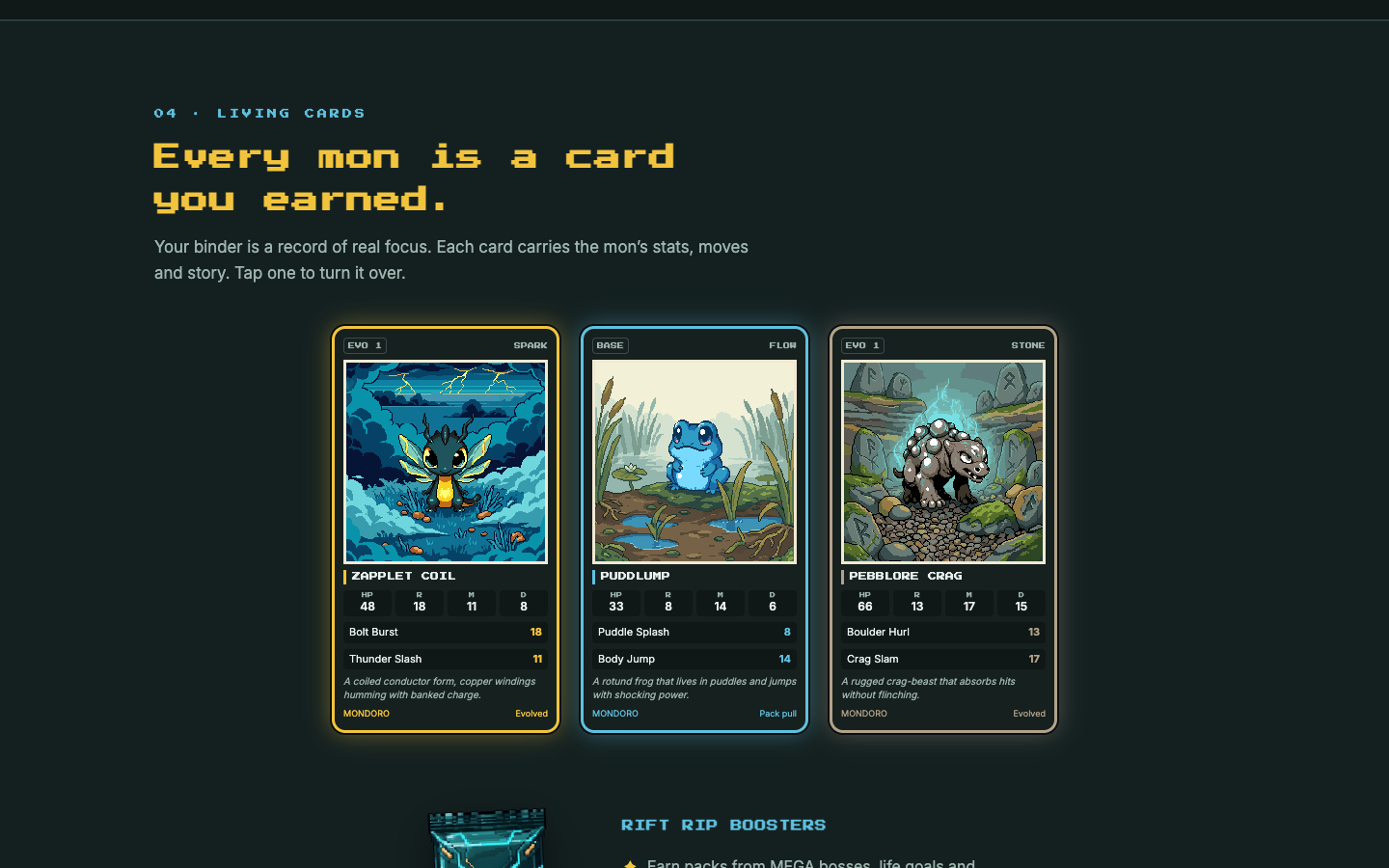 Mondoro splash binder section with three flip cards for Zapplet Coil, Puddlump and Pebblore Crag with roster stats