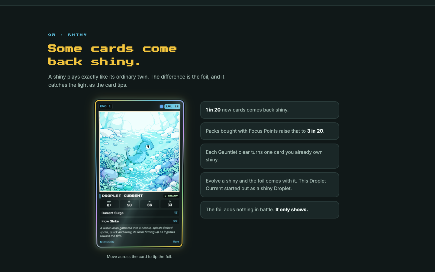 Mondoro splash shiny section with one holographic Droplet Current card at EVO 1, level 12, with a SHINY pill beside its name, next to the shiny odds