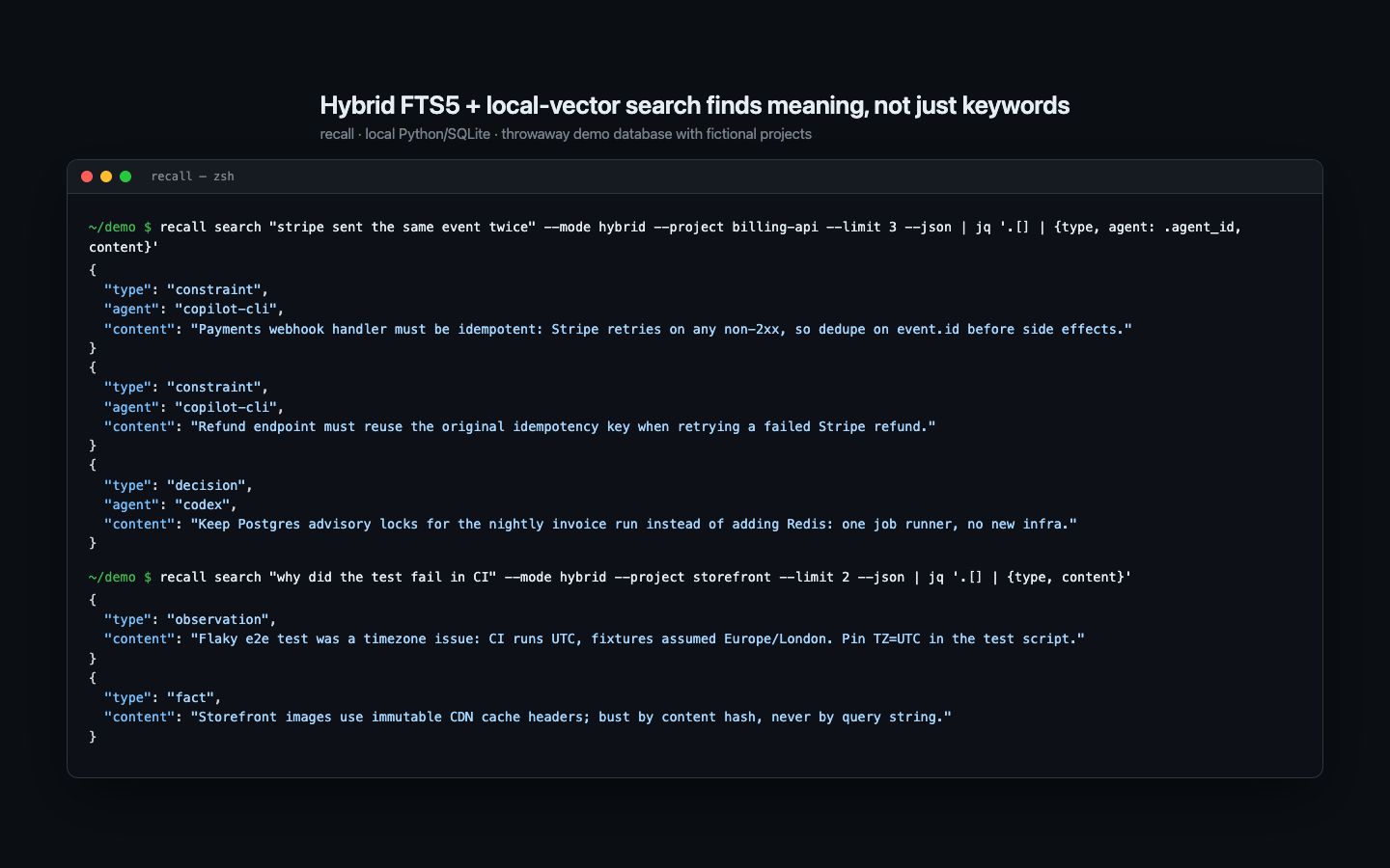 Recall hybrid search returning an idempotency constraint for a question that shares none of its keywords