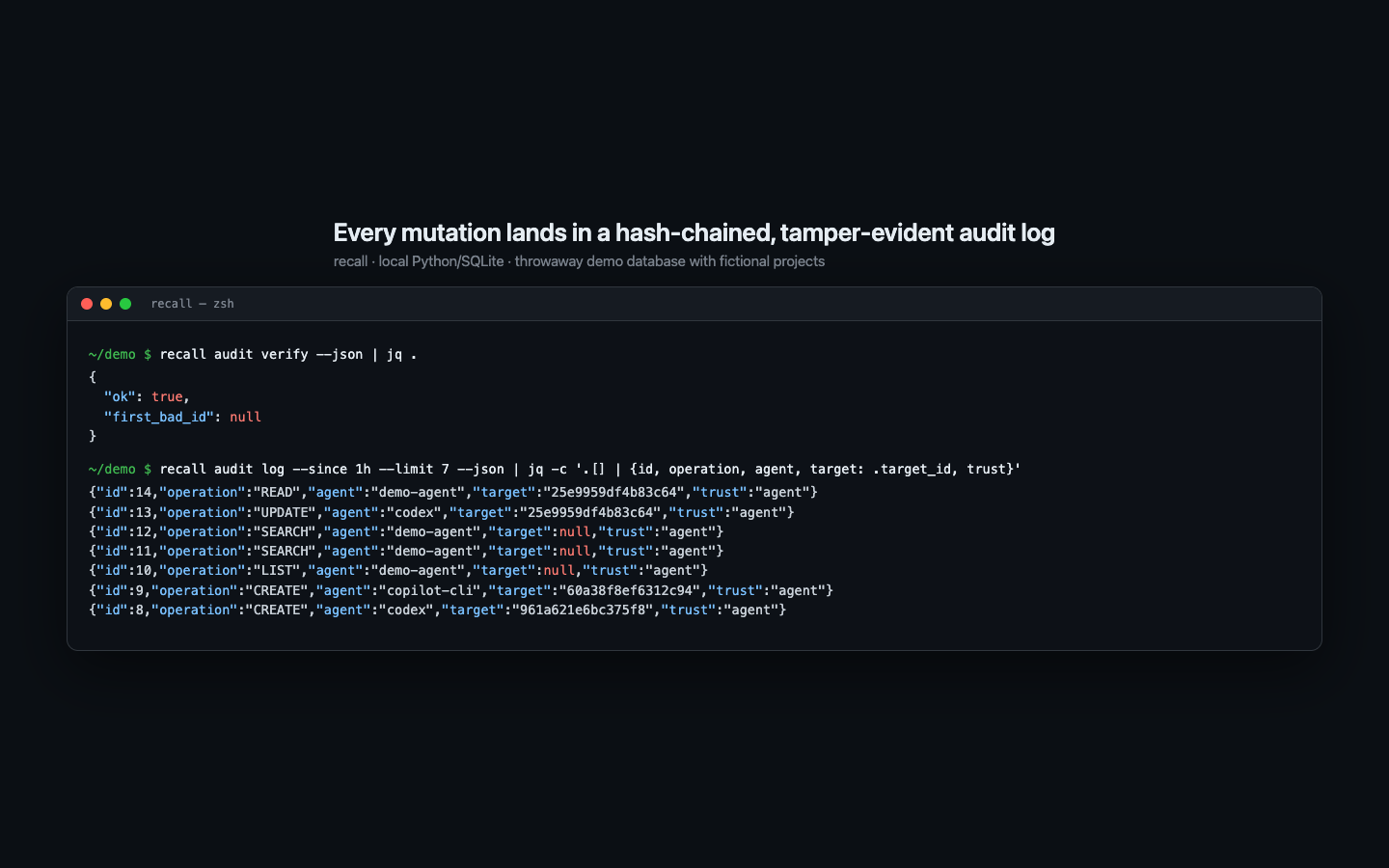 Recall audit verify returning ok, followed by the recent mutation log with operations, agents and trust levels