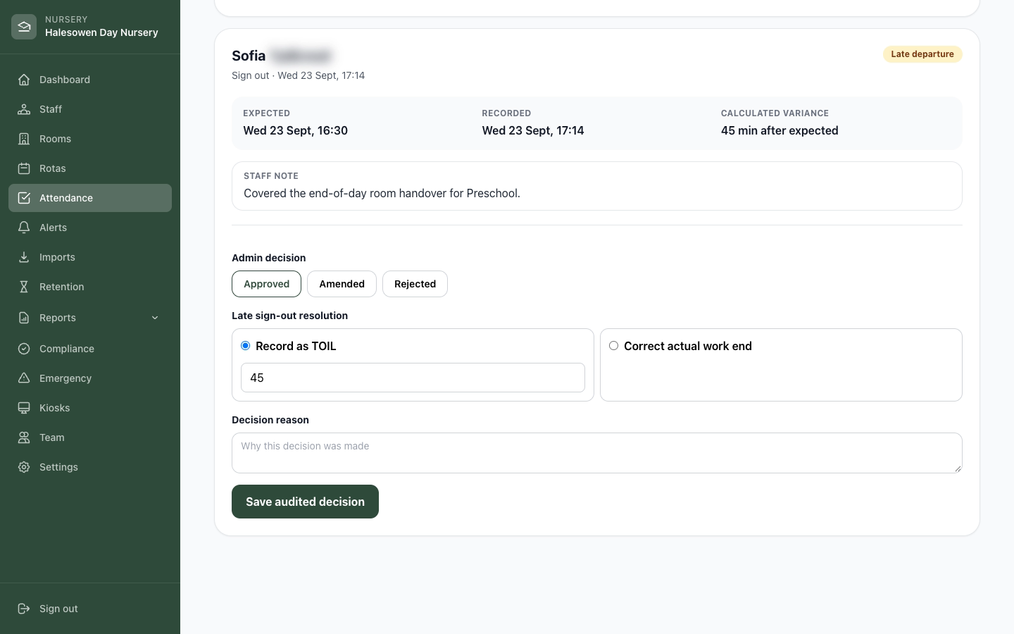 StaffIn attendance review of a late departure 45 minutes after the expected finish, showing the staff note, Record as TOIL set to 45 minutes, and a decision reason field