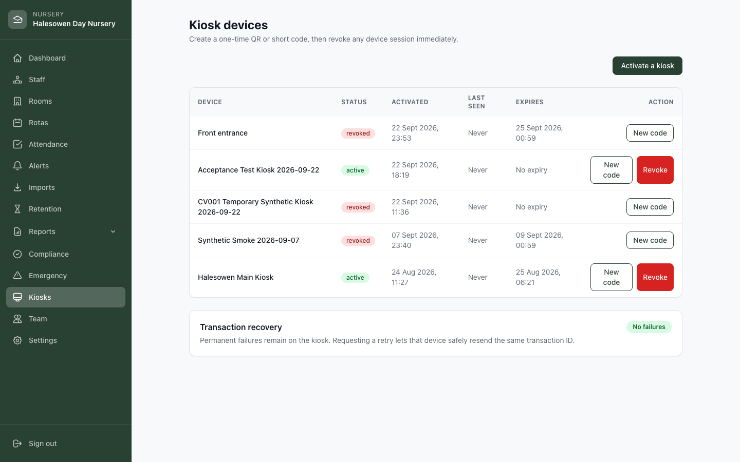 StaffIn kiosk devices table with status, activation, expiry and revoke actions