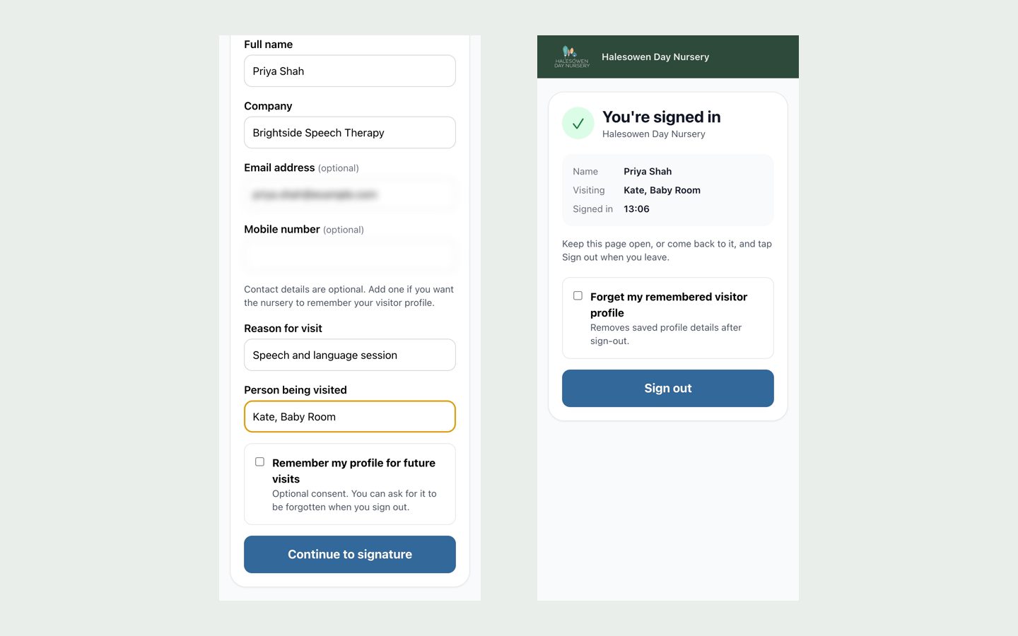 Two phone screens: a visitor sign-in form filled in for a speech therapy session, and a signed-in confirmation with a sign-out button