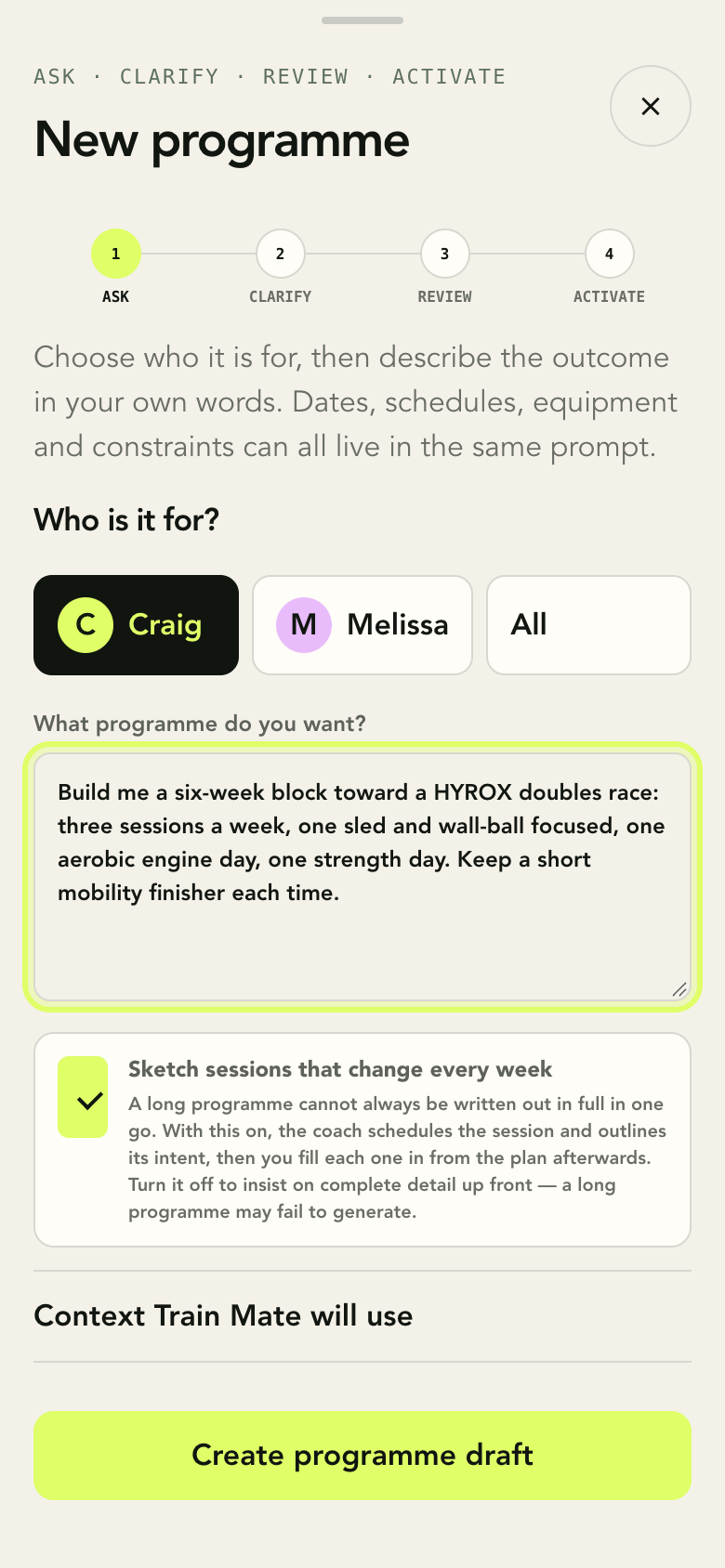 Train Mate programme builder at the Ask stage, with athlete selection and a plain-language brief for a HYROX build