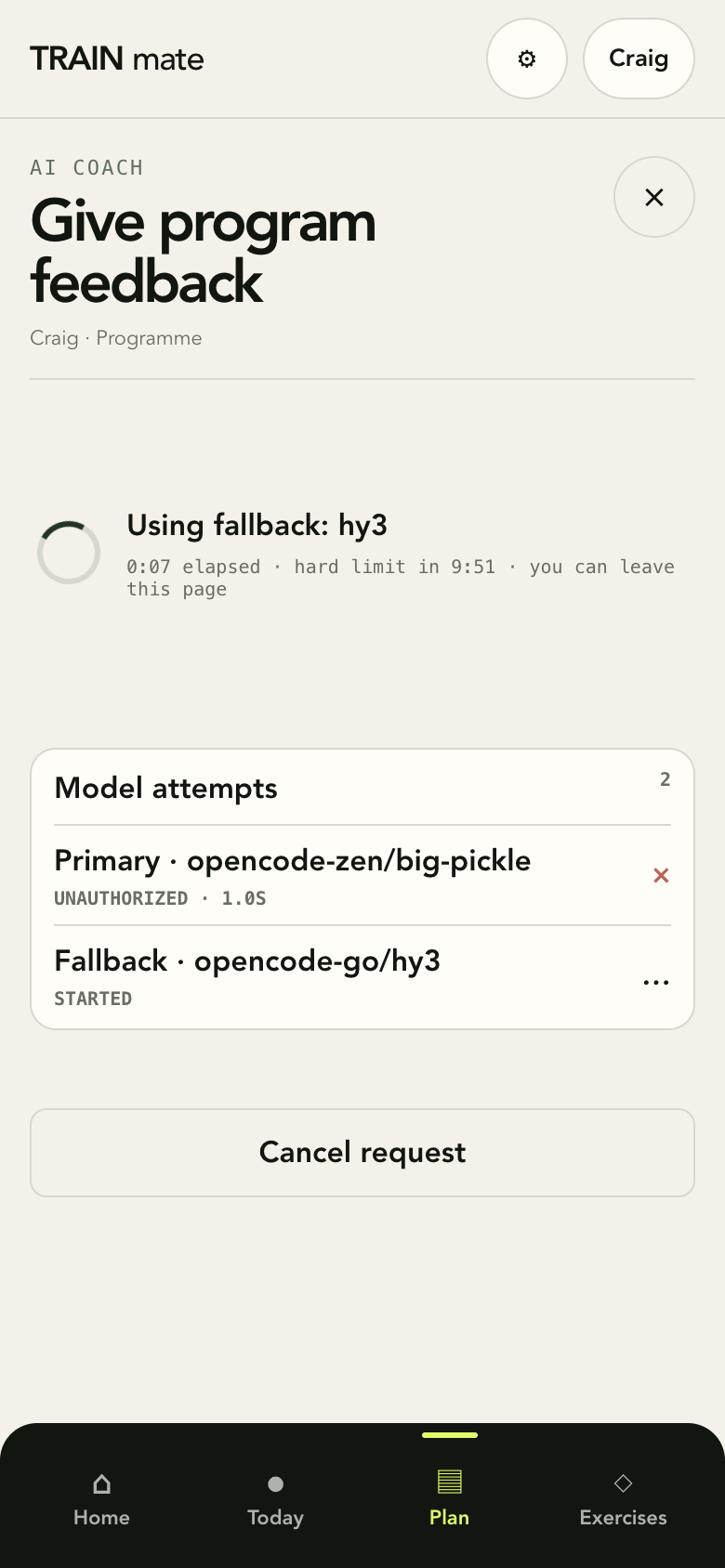 AI Coach job in progress: the primary model attempt is unauthorised and the job continues on the fallback model
