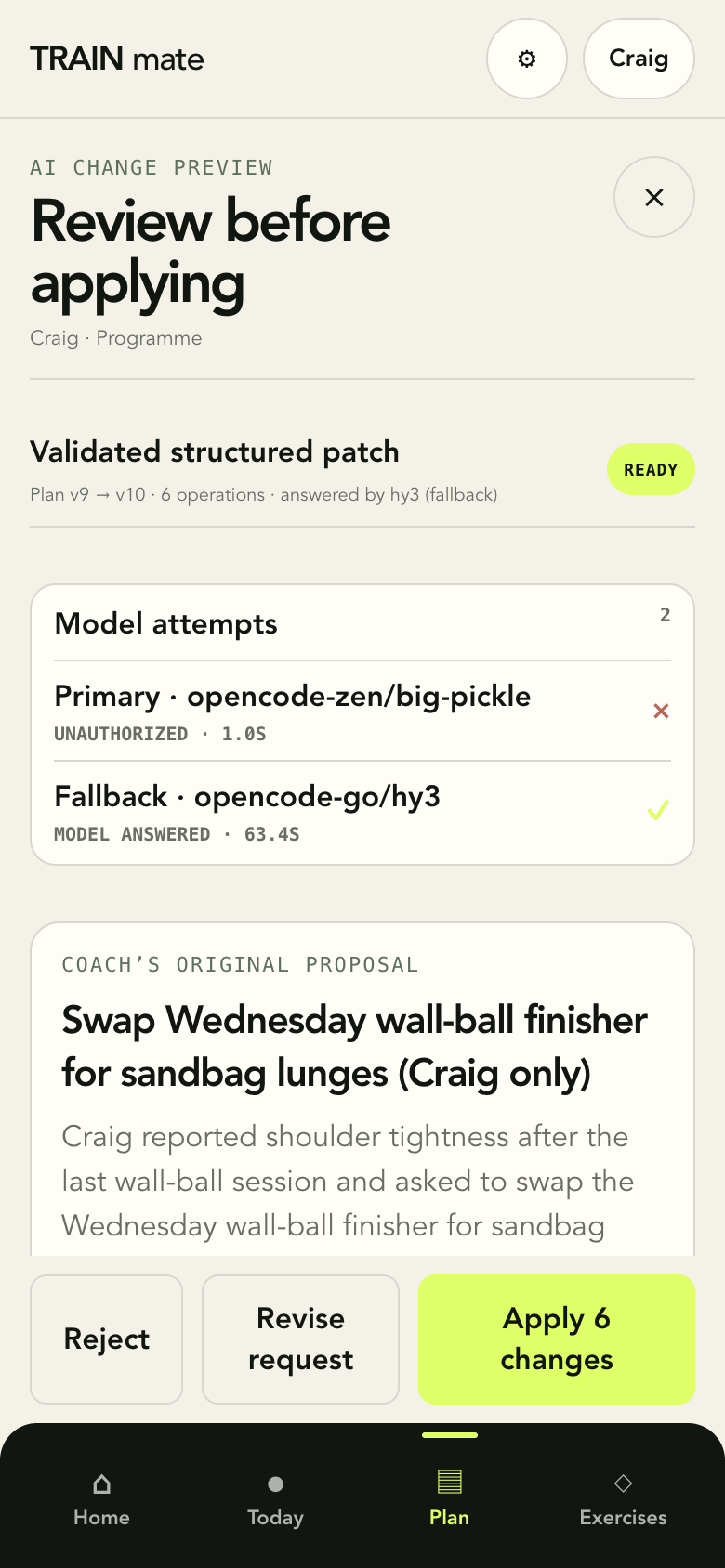 Review before applying screen showing a validated structured patch, the model attempts and the coach proposal