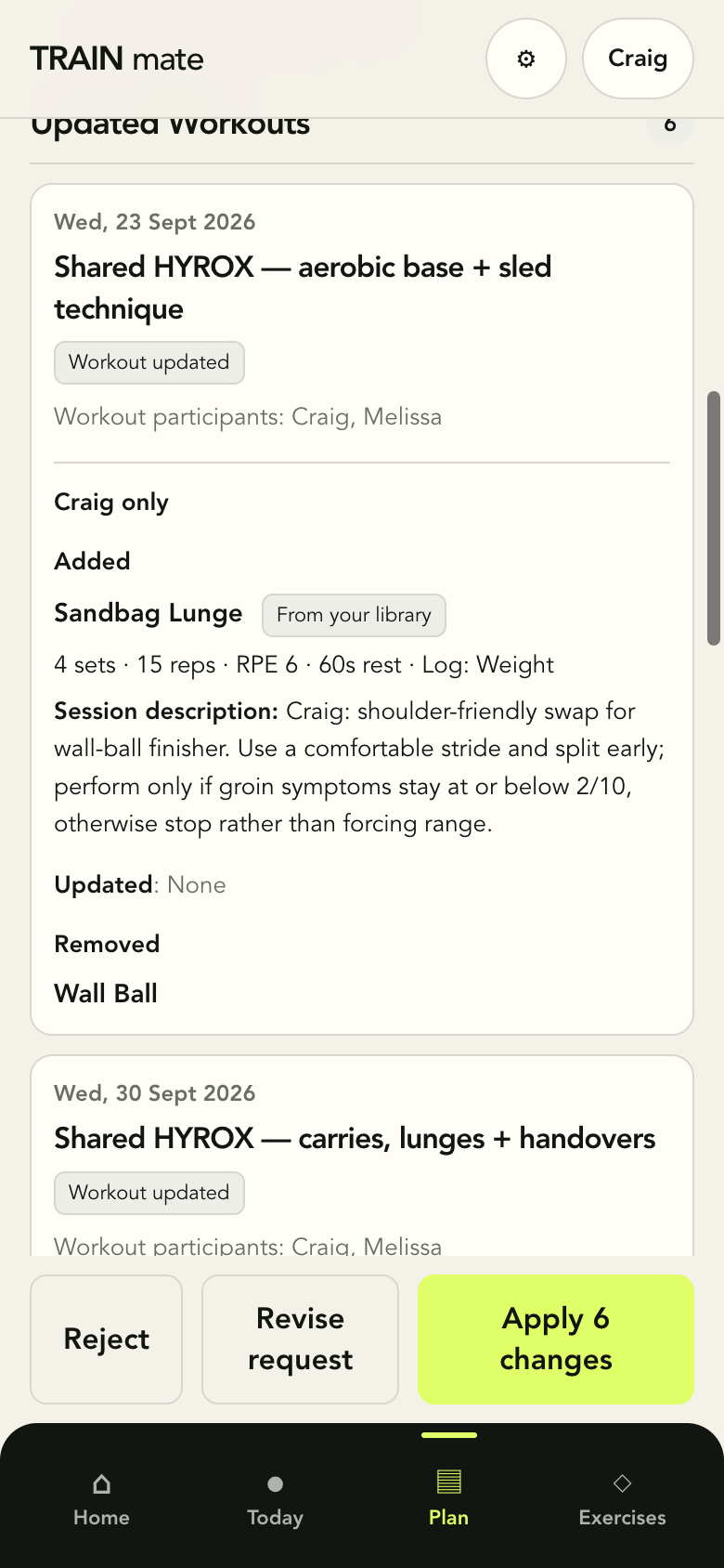 Workout-level diff showing the added sandbag lunge and removed wall ball for one athlete only