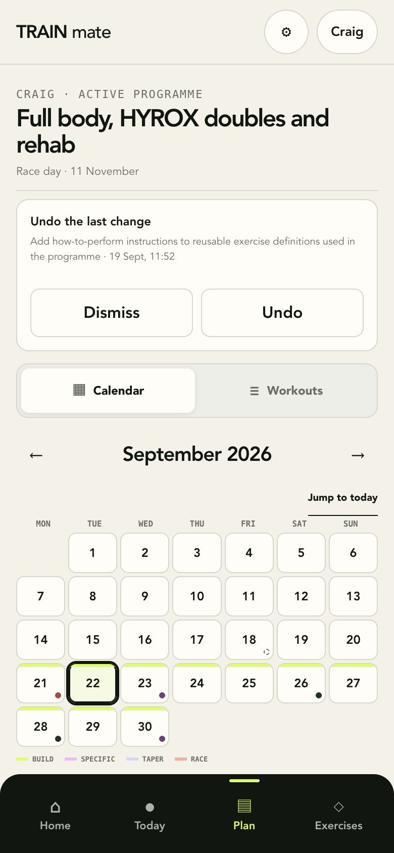Train Mate plan calendar for September 2026 with an undo-last-change control