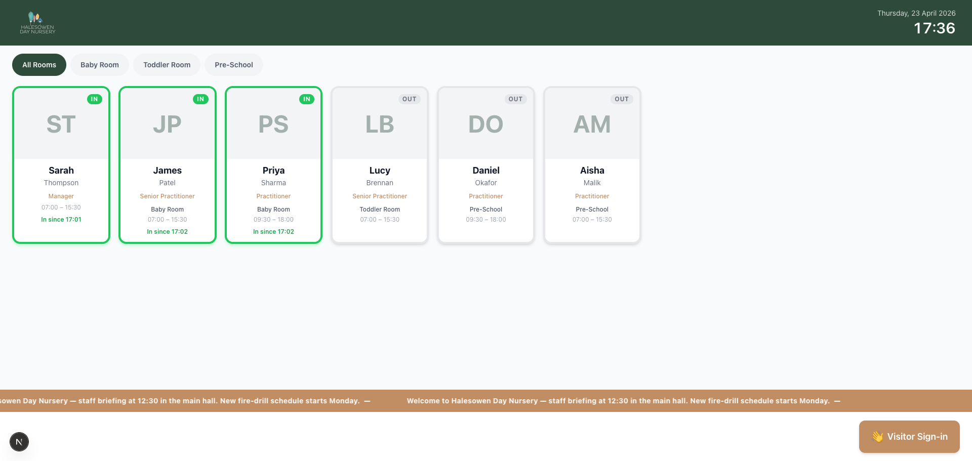 StaffIn kiosk mode staff status grid