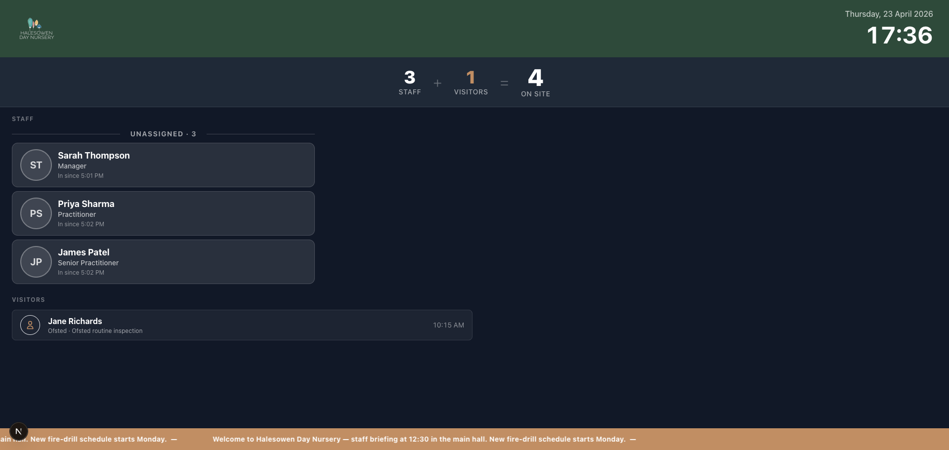 StaffIn kiosk mode status grid with news banner